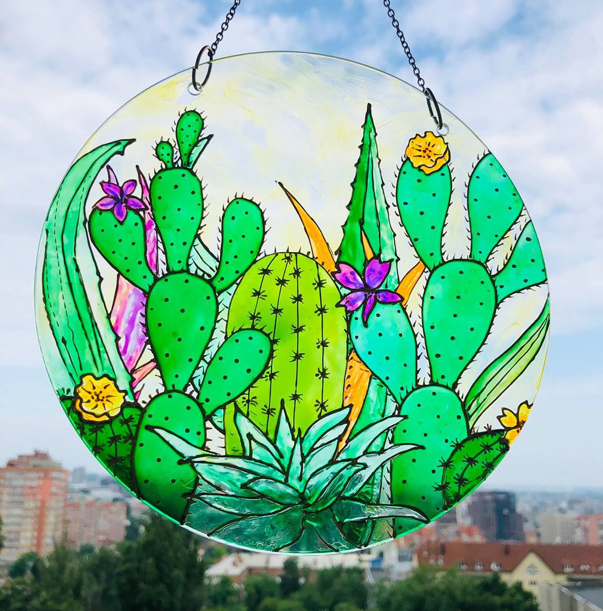 Acchiappasole A Forma Di Cactus In Vetro Colorato Fatto A Mano: 20 Cm, Con Catena. Perfetto Per Finestre, Giardino O Come Regalo Speciale Per La Mamma. - 5