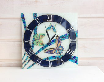 Stained glass wall clock Blue Butterflies, Unique wall clock, Glass art, Glass painting, Stained glass painting, Blue wall clock