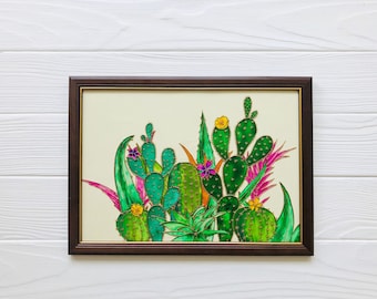 Stained glass painting Cactus, Hand painted stained glass picture, Succulent gift, Green Cactus wall decor