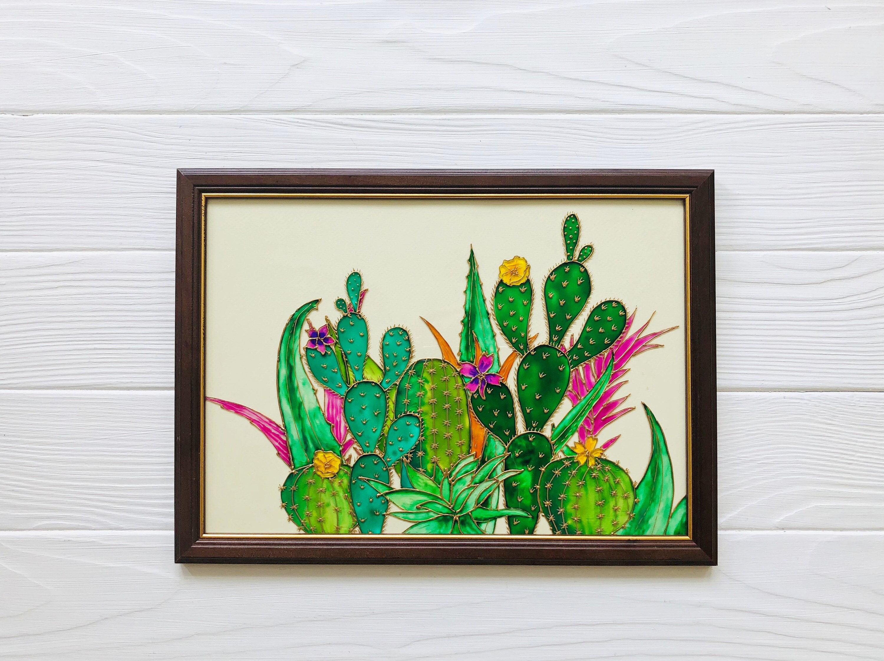 手描きのステンドグラス風サボテンアート、緑の多肉植物の壁飾り、A3