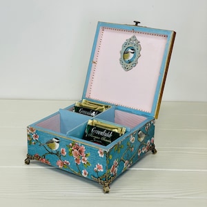 Blue box Chinoiserie Birds, 4 compartments box, Storage box, Desk organization, Trinket box, Wooden kitchen decor