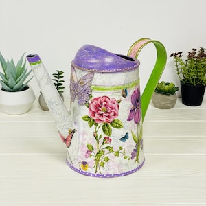 Metal watering can Irises and Hydrangeas, Ready to ship, Watering can with a butterfly, Farmhouse decor, Floral water can, Garden lover gift