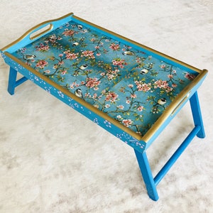 Folding table tray Chinoiserie Birds, Breakfast table with legs, Laptop stand, Blue serving tray, Breakfast in bed table