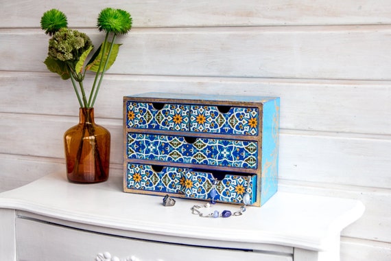 Desktop Organizer Blue Gold Makeup Storage Chest Desktop Organizer Blue Gold Makeup