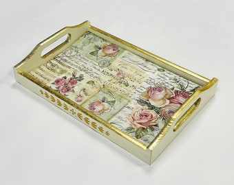 Wooden serving tray, Trays in stock and to order, Breakfast in bed tray, Street tray, Beige tray with roses