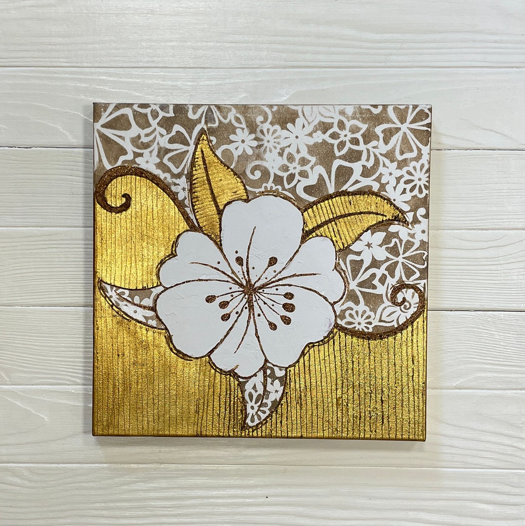 Gold Leaf White Flower Painting, Abstract Acrylic Floral Wall Decor - Etsy