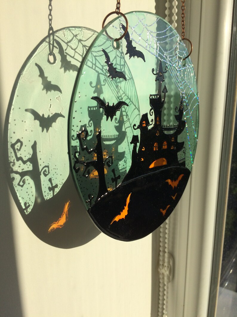 Stained glass Suncatcher Halloween Haunted House Halloween Etsy