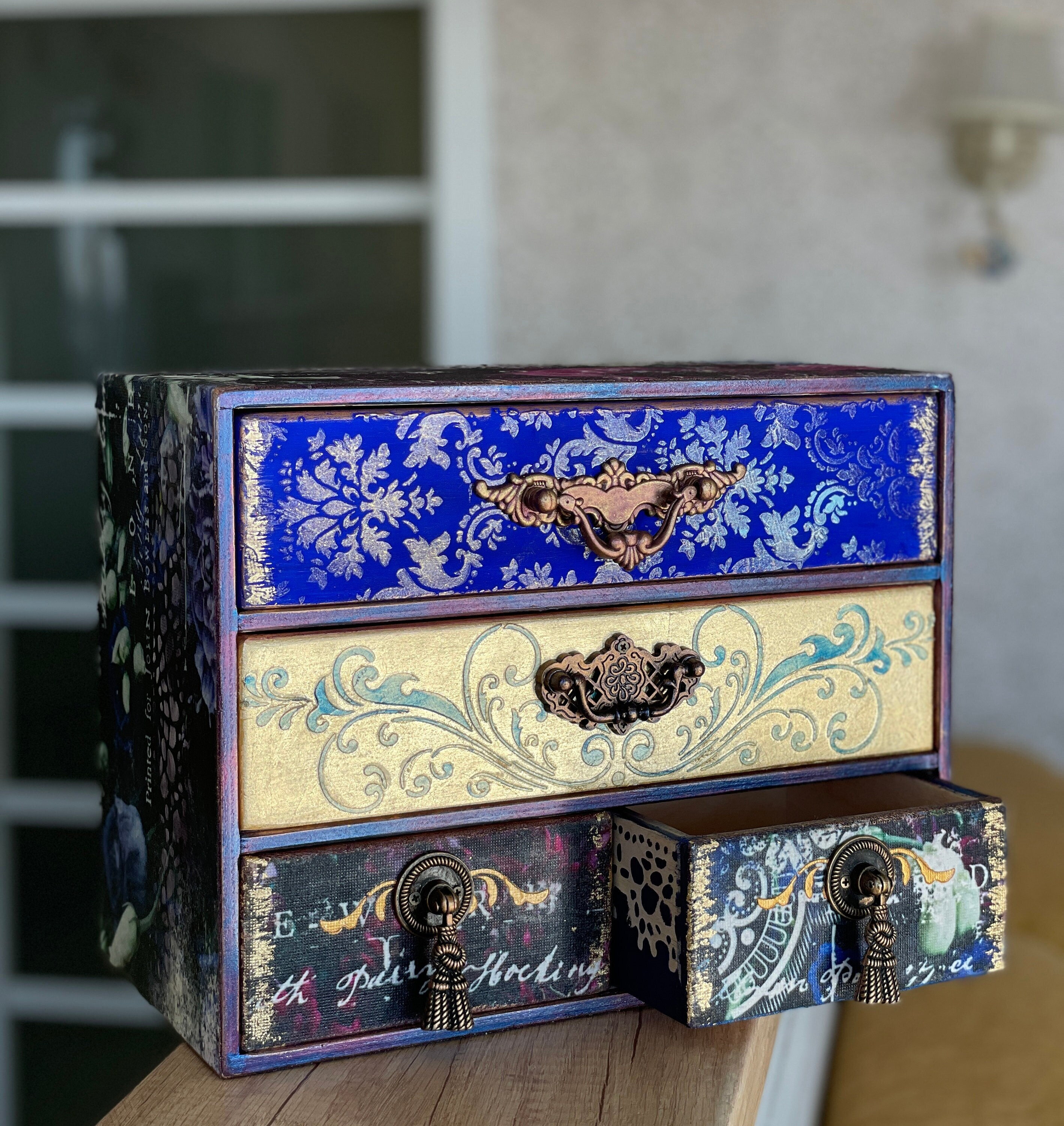 Scatola di legno per gioielli blu viola, Mini cassettiera