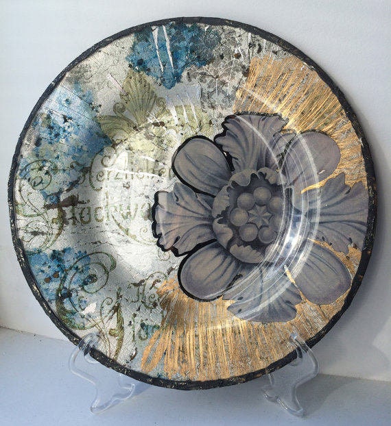 Decorative Plate Gold And Silver Plate With Gray Flower Wall Etsy
