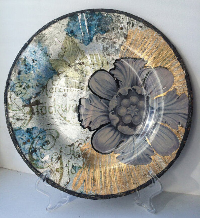 Decorative Plate Gold And Silver With Gray Flower Wall Hanging Glass Decor Display