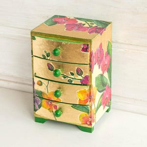 Mini chest of 3 or 4 drawers, Trinket Drawers, Jewelry Box, Desktop Organizer, Makeup storage chest, Gold Orchids decor