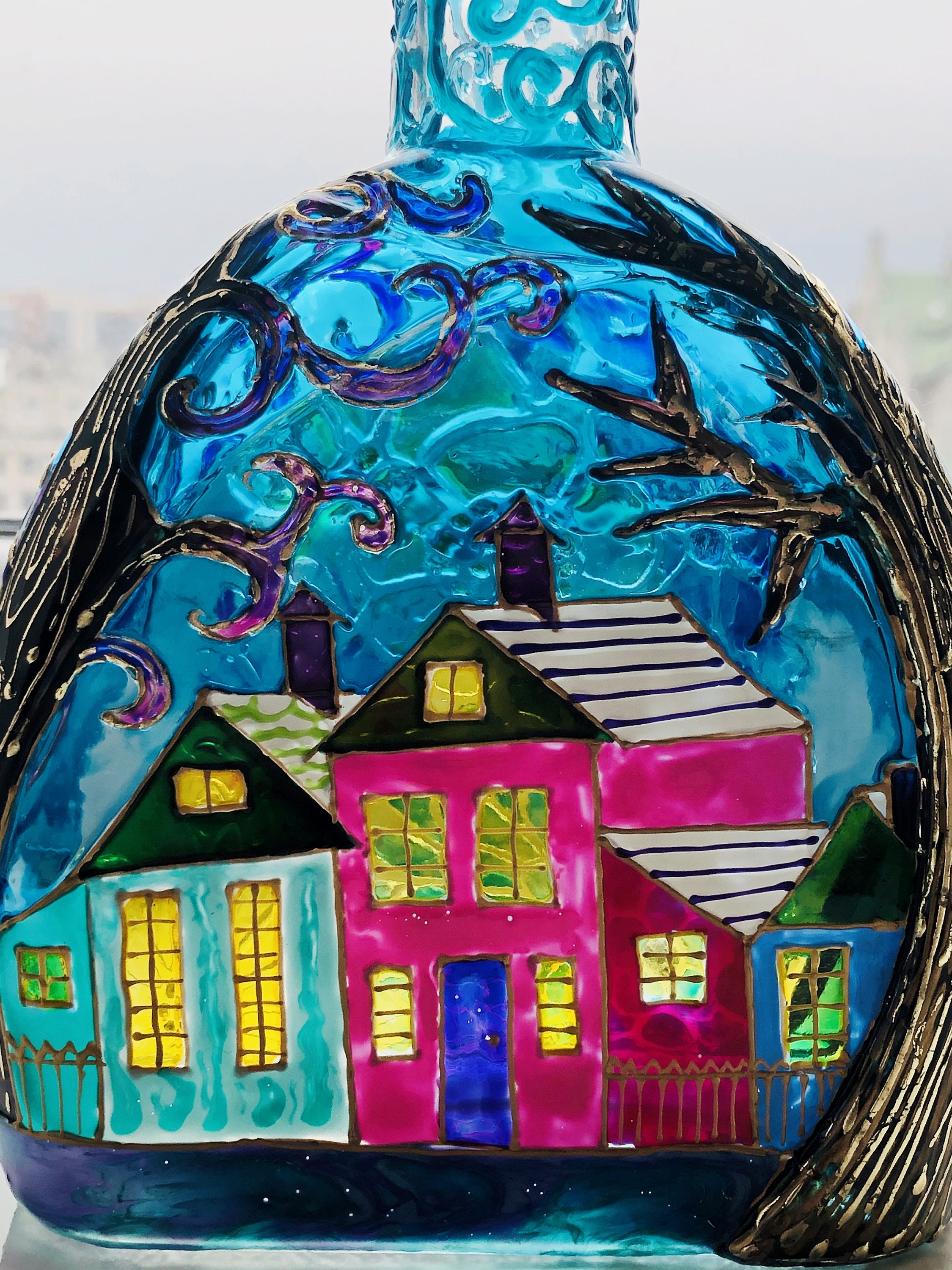 Stained glass bottle Colored houses Decorative bottle Hand Etsy