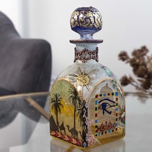 Egyptian decorative bottle, Winged scarab beetle, Ready to ship, Egyptian symbols, Stained Glass Decanter Bottle, Stained glass painting