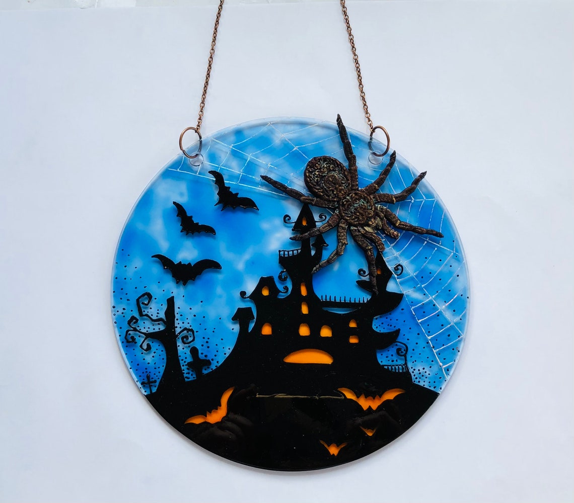 Stained Glass Suncatcher Halloween Haunted House Halloween Etsy