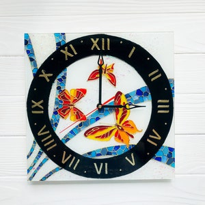 Stained glass wall clock Butterflies 12 * 12&quot;, Stained glass clock, Stained glass painting, Glass wall clock, Wall decor