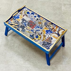 Blue Folding breakfast table tray, Breakfast tray with legs, Breakfast in bed tray, Laptop stand, Ready to ship