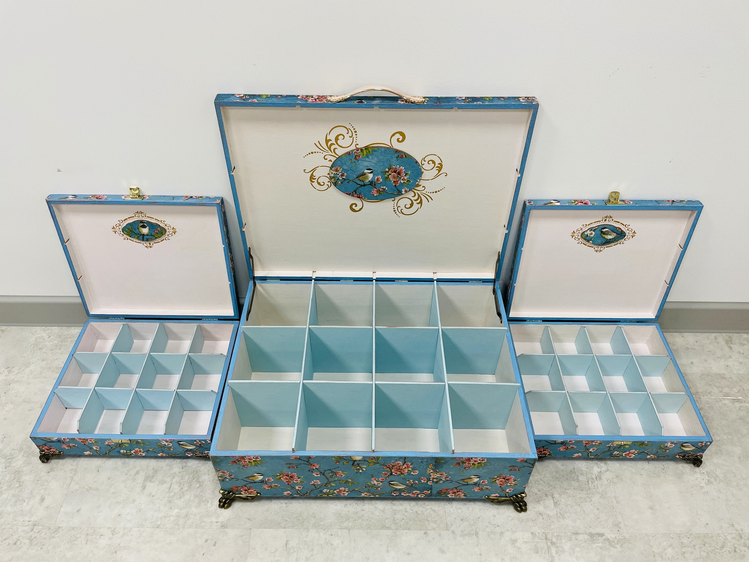 Large Blue Box, 12-compartment Tea Box, Accesory Holder, Storage Box  Chinoiserie Birds, Desk Organization, Trinket Box -  Hong Kong