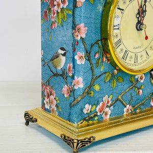 Blue mantel clock Chinoiserie Birds, Carriage Clock, Fireplace clock, Flowers Border Print, Table clock image 7