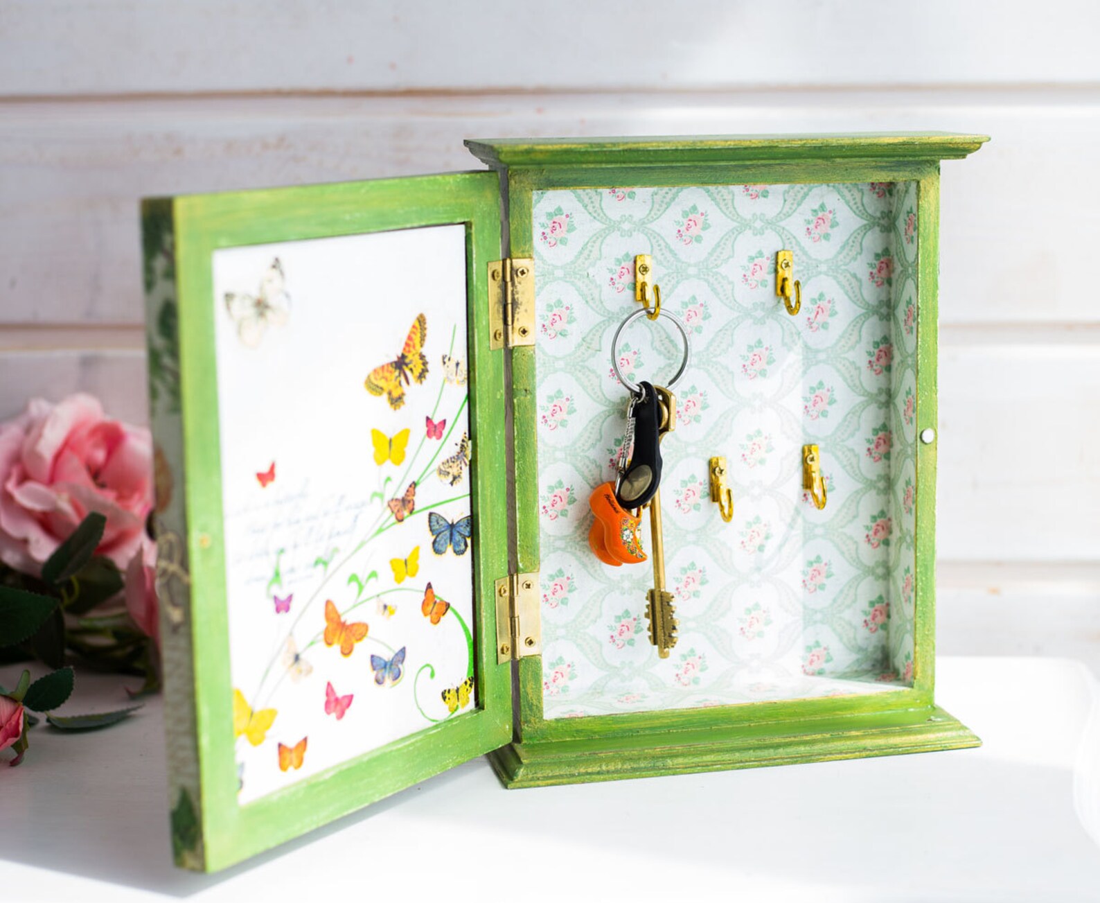 Wooden Key Organizer Rustic Wall Green Key Boxkey Etsy