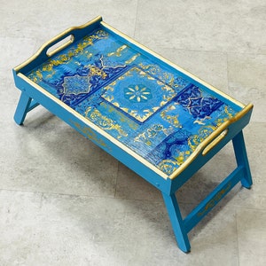 Breakfast table with legs, Folding breakfast table, Laptop stand, Blue Bed tray, Breakfast in bed tray, Wooden serving tray, Blue furniture
