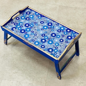 Folding breakfast table, Blue Coffee table tray, Laptop stand, Breakfast tray with legs, Wooden serving table, Breakfast in bed tray