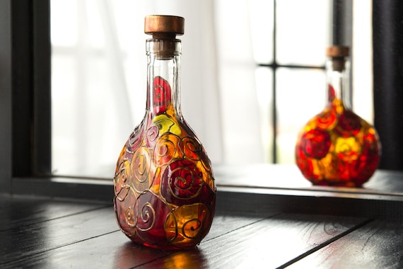 Decorative Glass Bottle, Stained Glass Painting Bottle, Red Orange Decor,  Hand Painted Wine Bottle, Stain Glass Decor 