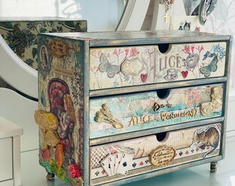 Alice in Wonderland mini chest of drawers, Hand-Decorated Jewelry Chest, Whimsical Gift