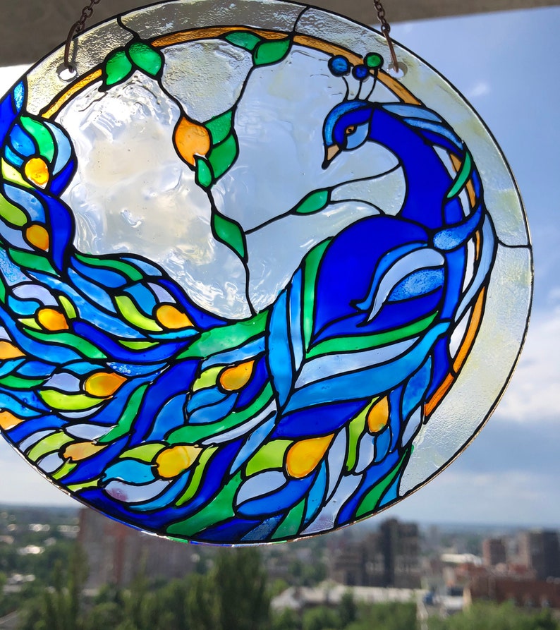 Glass Suncatcher Peacock Stained Glass Painting Hanging Etsy Canada