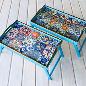Folding table with legs, Street serving tray, Breakfast in bed tray, Laptop stand, Moroccan Tiles, Mosaic Tiles, Mediterranean Majolica