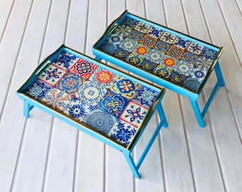 Folding table with legs, Street serving tray, Breakfast in bed tray, Laptop stand, Moroccan Tiles, Mosaic Tiles, Mediterranean Majolica