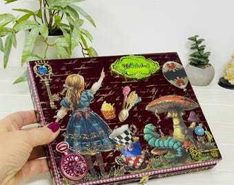 Alice in Wonderland Trinket Box, Handmade Wooden Keepsake, Fairy Tale Decor, Alice lover gift