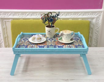 Blue breakfast in bed tray, Wooden Folding Tray with Legs, Laptop stand, Coffee table tray, Notebook desk, Wood Serving Tray, Blue decor