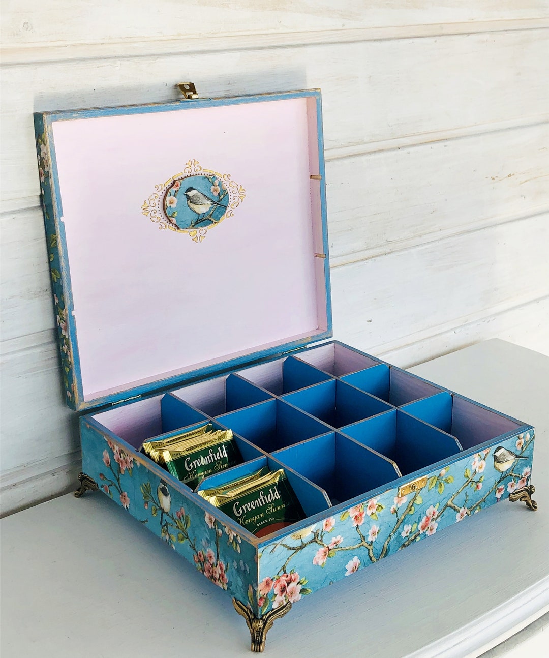 Large Blue Box, 12-compartment Tea Box, Accesory Holder, Storage Box  Chinoiserie Birds, Desk Organization, Trinket Box, Wooden Kitchen Decor 