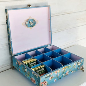Große blaue Box, Teebox mit 12 Fächern, Zubehörhalter, Aufbewahrungsbox Chinoiserie Birds, Schreibtischorganisation, Schmuckbox, Holzküchendekor