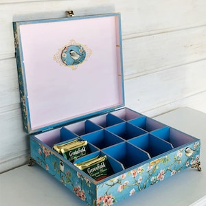 Large blue box, 12-compartment tea box, Accesory Holder, Storage box Chinoiserie Birds, Desk organization, Trinket box, Wooden kitchen decor