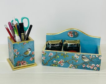 Caja nido azul de estilo chinoiserie, decoración de cocina de madera, organizador de escritorio, soporte para baratijas.