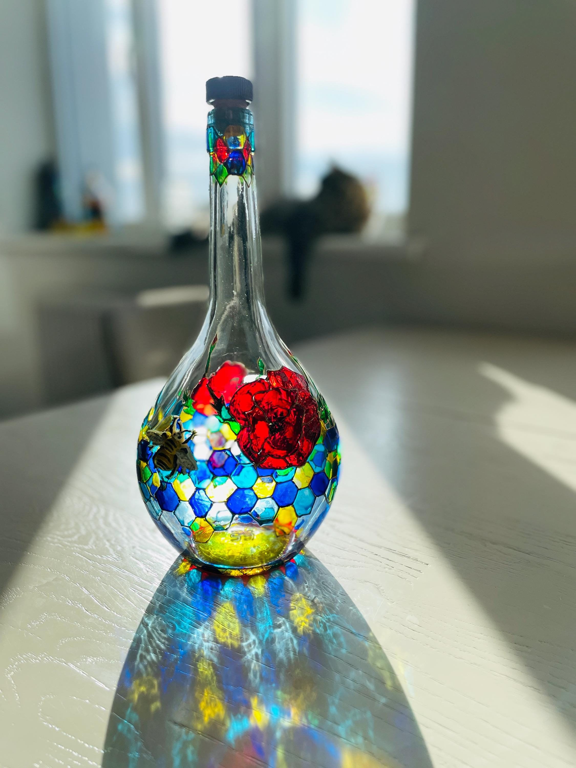 Hand Painted Stained Glass Bottle, Bee and Poppies Decor, Red Blue Vase