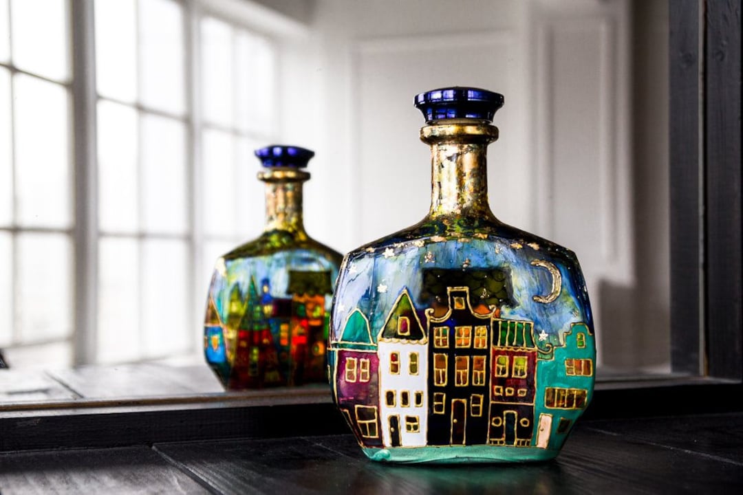 Stained Glass Bottle Amsterdam, Decorative Bottle, Recycled Wine Bottle