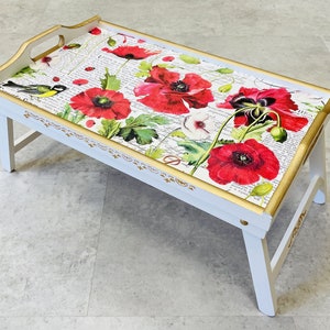 Folding table tray, White table with legs, Decorative tray, Laptop stand, Serving tray, Breakfast in bed table, Poppies, Roses