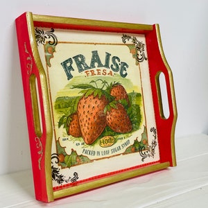 Red serving decorative tray, Ready to ship, Breakfast in bed tray, Desk organization, Strawberry cherry decor, Wooden kitchen decor