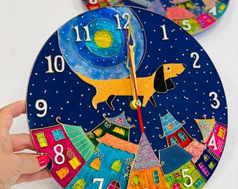 Stained glass wall clock Dachshund, Dog clock, Veterinary gift, Wall decor, Stained glass painting Dog, Unique wall clock Dachshund