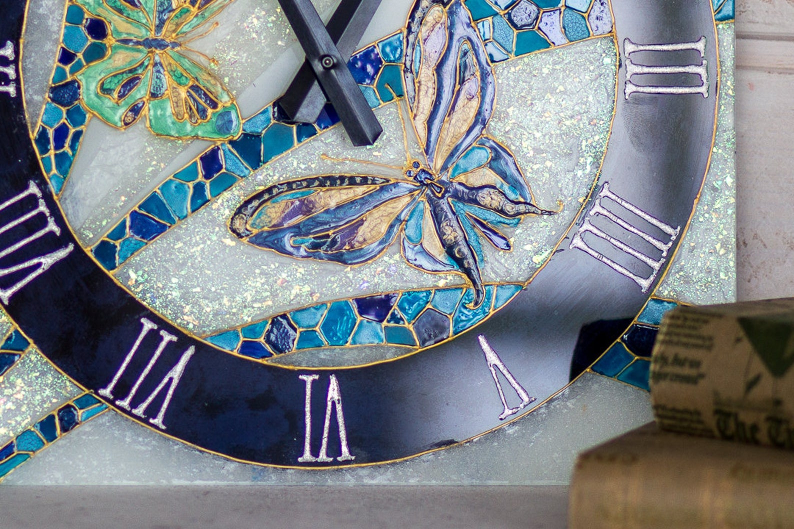 Stained Glass Wall Clock Blue Butterflies Unique Wall Clock Etsy UK