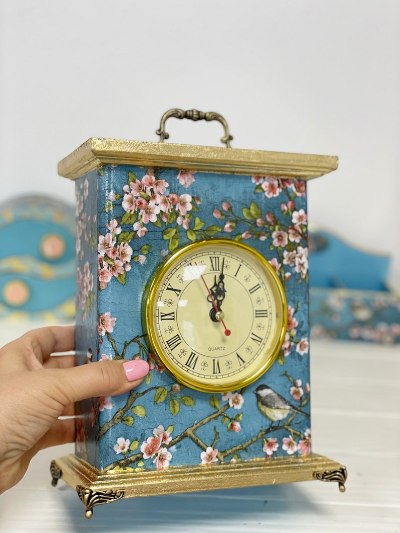 Blue mantel clock Chinoiserie Birds, Carriage Clock, Fireplace clock, Flowers Border Print, Table clock image 3