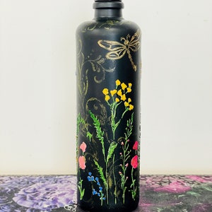 Hand-painted glass bottle, Ready to ship, Kitchen decor, Wildflowers painted, Black bottle painted with bright wildflowers