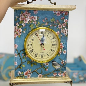 Blue mantel clock Chinoiserie Birds, Carriage Clock, Fireplace clock, Flowers Border Print, Table clock image 4