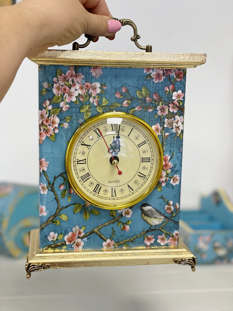 Blue mantel clock Chinoiserie Birds, Carriage Clock, Fireplace clock, Flowers Border Print, Table clock image 4