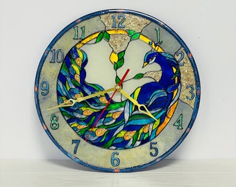 Stained Glass Peacock Wall Clock, Hand-Painted Glass Art Decor d 30cm, Housewarming gift
