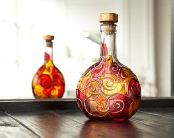 Decorative glass bottle, Stained Glass painting bottle, Red Orange home decor
