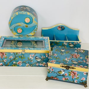 Tea storage box, Boxes Chinoiserie Birds, Mini chest of drawers, 3-4-6 compartments boxes, Trinket Drawers, Desktop Organizer
