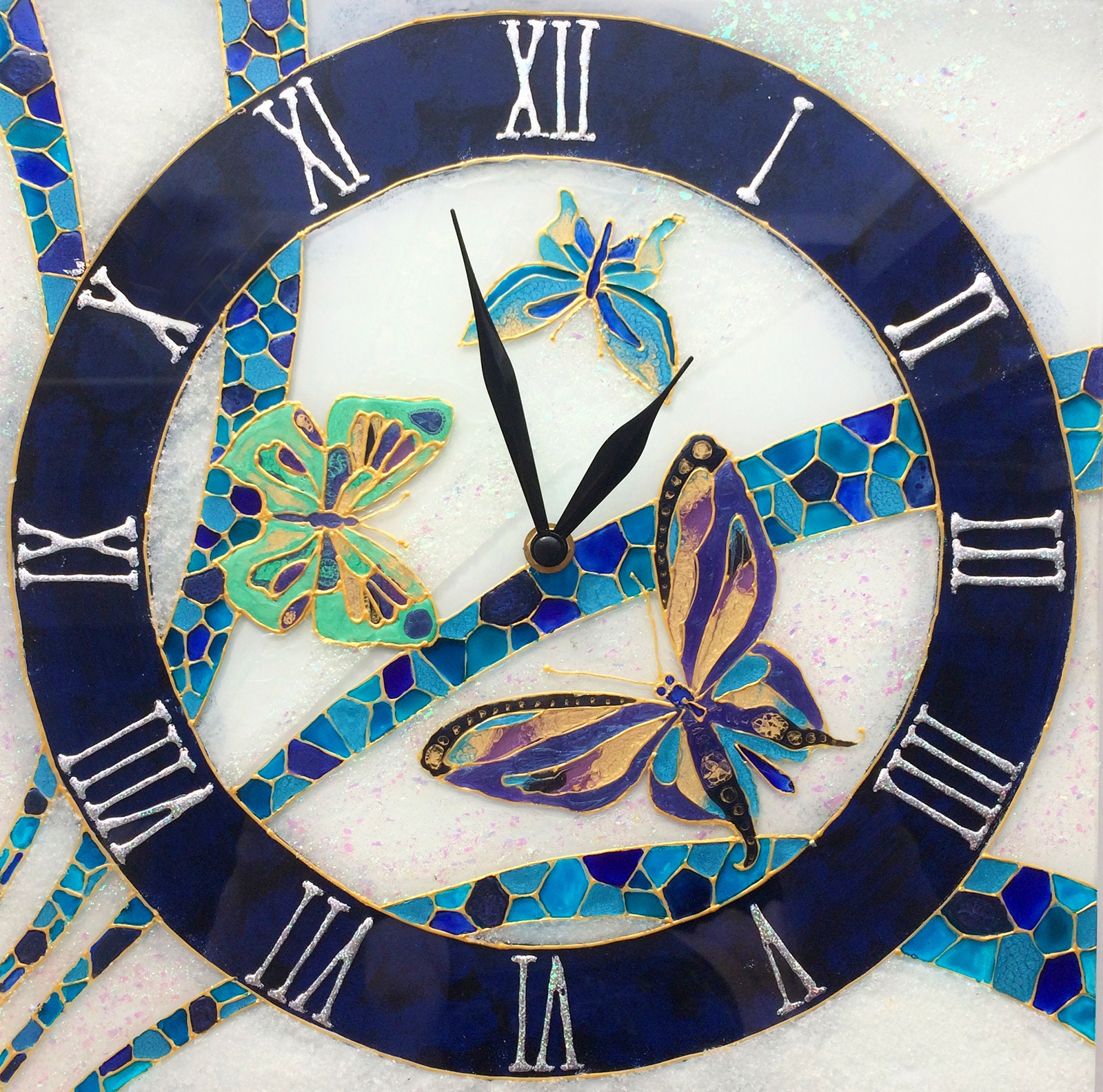 Stained Glass Wall Clock Blue Butterflies Unique Wall Clock Etsy UK